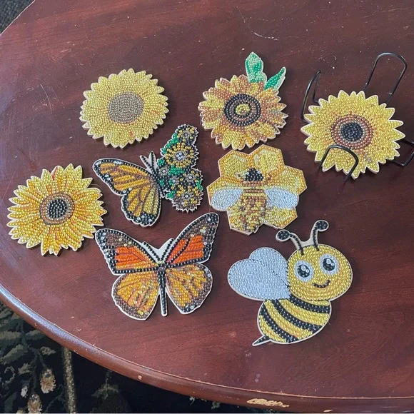 Colorful Butterfly Bee Flower Bedazzled Coaster Set - Picture 2 of 3